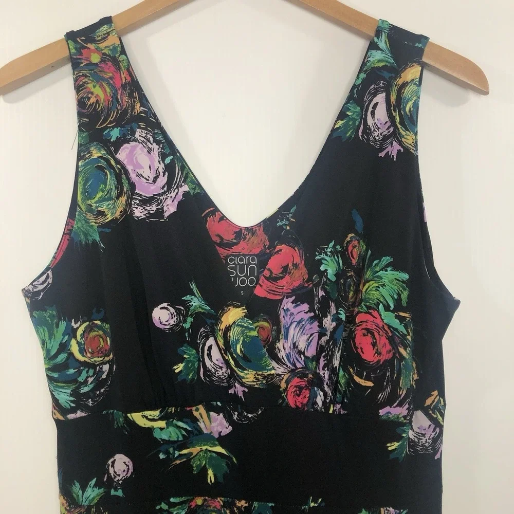 Clara Sunwoo Floral Wide Leg Jumpsuit Womens S Black V-Neck‎ Sleeveless Stretch